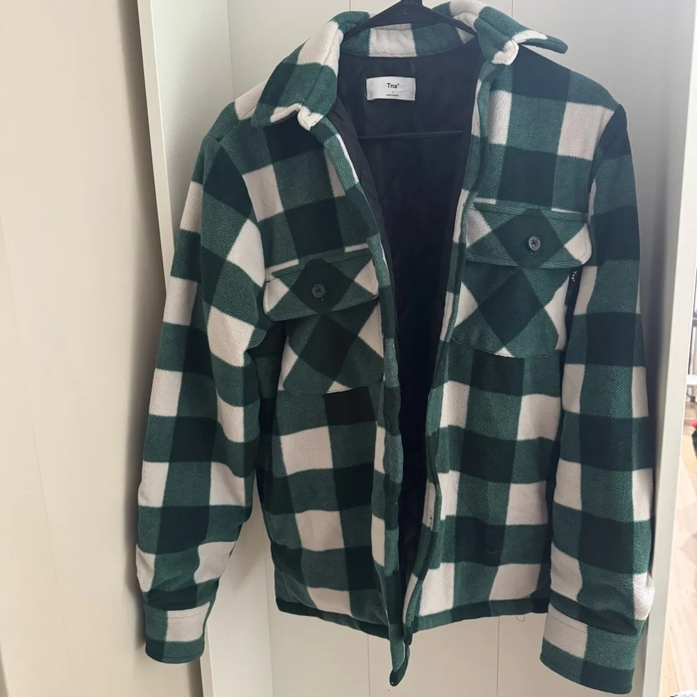 TNA Oversized Green & White Check Fleece Jacket